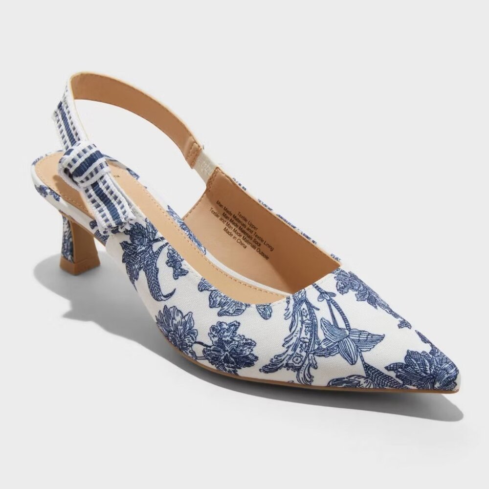 K-42 A New Day Size 6.5 Women's Milan Floral Print Slingback Heels in Blue/White